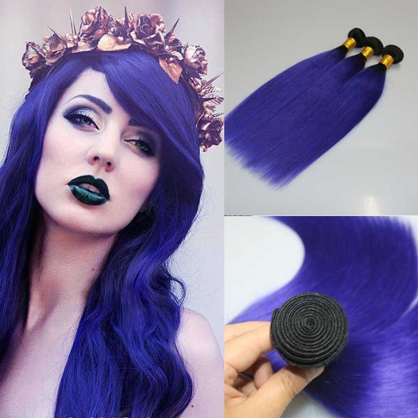 

brazilian hair straight ombre 1b blue purple ombre human hair extensions 3 bundles lot wavy hair weaving weft, Black