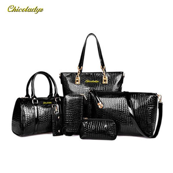 

wholesale- 6 pcs/set women handbag crocodile pattern composite bag stone women messenger bags shoulder bag purse wallet pu leather handbags