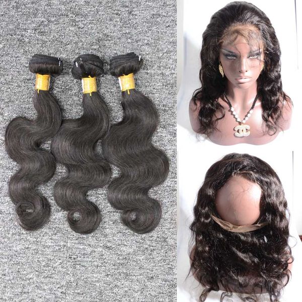 

malaysian human hair products hair weft 3pcs brazilian peruvian hair bundles with 360 frontal closure 13*4*2, Black