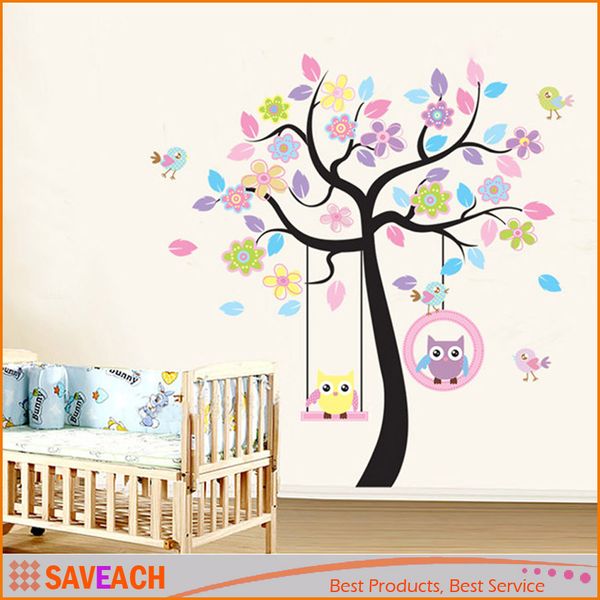 Lovely Cartoon Couple Cute Owl Swing Tree Colorful Removable Wall Stickers Diy Wallpaper Mural Kids Children Room Bedroom Vinyl Stickers Wall Vinyl