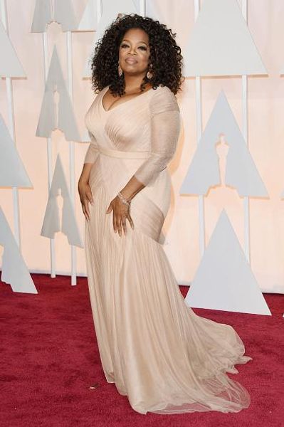 

Pink 2019 Oscar Oprah Winfrey Chiffon Mermaid V Neck Evening Dresses Sweep Train Long Sleeve Ruffle Red Carpet Prom Gowns