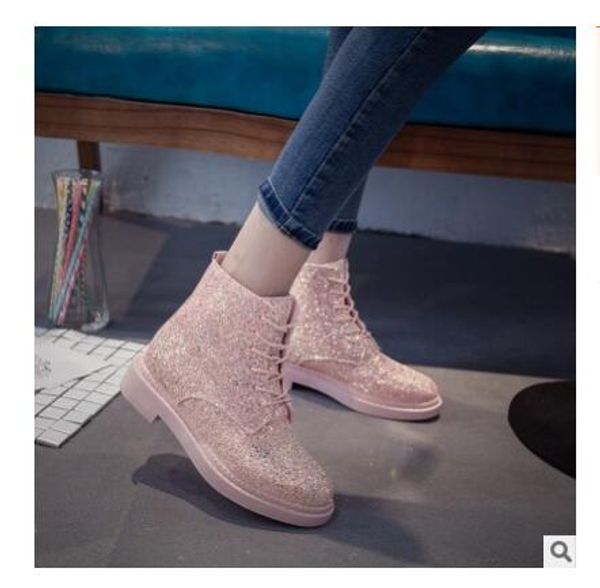 

2017 women boots designers lace up martin boots women ankle fur boots brand autumn winter glitter women shoes ladies shoes with round head, Black