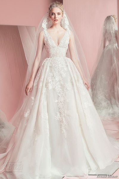 

zuhair murad бальное платье v шеи кружева роскошные empire3d-цветочные аппликации старинные свадебные платья свадебные платья дешевые черная, White