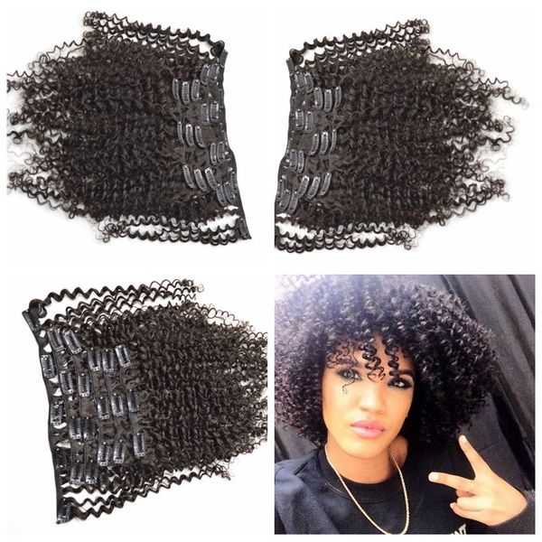 

malaysian clip in human hair extension 7pcs 120g kinky curl clip human hair 3a 3b 3c natural color hair extensions g-easy, Black;brown