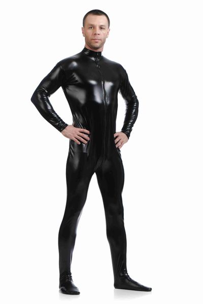 

wholesale-one piece shiny lycra spandex black mens unitard turtleneck catsuits metallic footed zipper zentai bodysuit dancewear hoodless