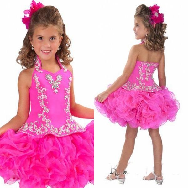 Glitz Halter Organza Girl Girl Vestidos com flores Princesa Backless Curto Mini Cristal Bola Vestidos Cup Bolo Bijinha Vestidos RGB212