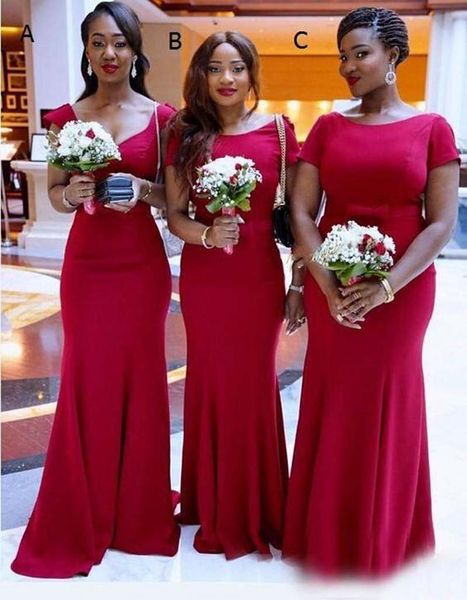 Nuovi abiti da damigella d'onore africana Abiti da damigella d'onore a sirena a tre stili rossi per abito da cerimonia formale in raso di lunghezza del pavimento da sposa