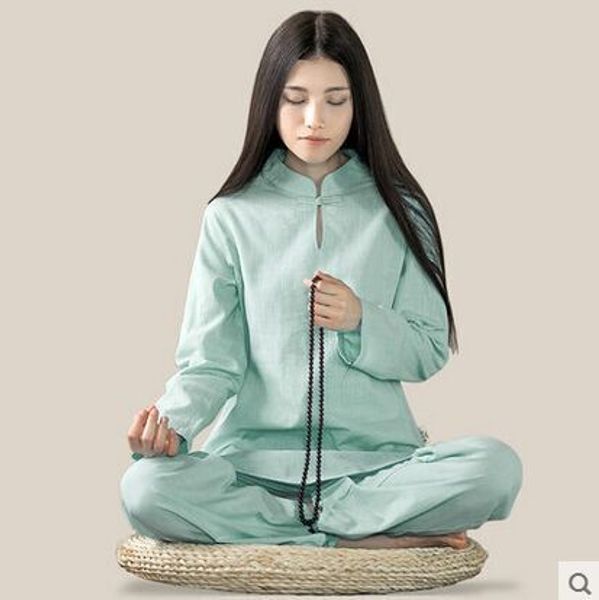 

wholesale-bamboo cotton and linen yoga meditation women long sleeve yoga clothes tai chi suit, White;red