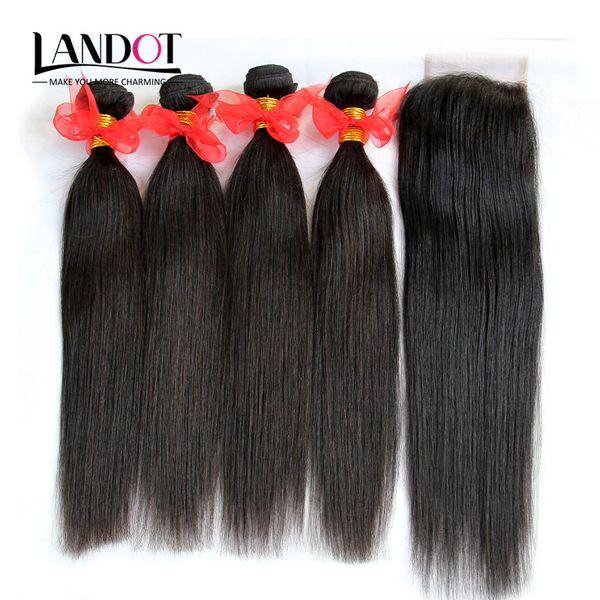 

5pcs lot brazilian straight virgin hair weaves with lace closure unprocessed human hair 4 bundles and closures middle/3 part closure, Black