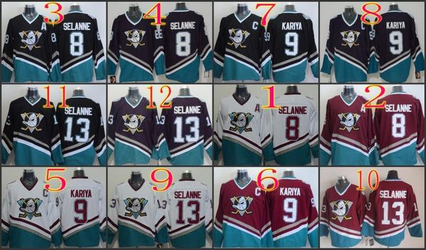

Anaheim Ducks #8 Teemu Selanne/9 Paul Kariya/13 Teemu Selanne 96 Charlie Conway Blank White Purple Black Red CCM Hockey Jersey Stitched