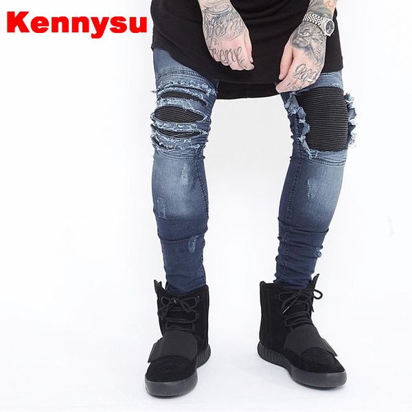 

wholesale-2016 us hip hop chic men midnight blue roadworn biker denim destroyed pleated ripped jeans