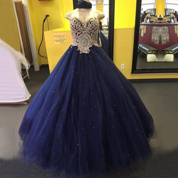Navy Blue Ball Gown Quinceanera Dresses 2017 Sweetheart Gold