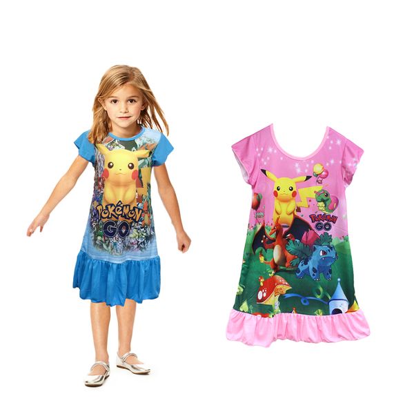 

new girls dresses pokepatterns children nightgown cartoon design polyester kids pajamas dress 60pcs lot, Blue;red