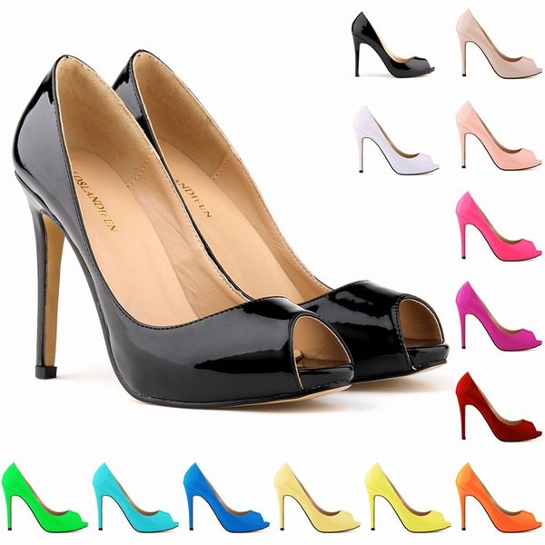 

summer new and elegant fashion shoes fish head higher heel waterproof women sandal patent leather shoes us size 4-11 d0026, Black