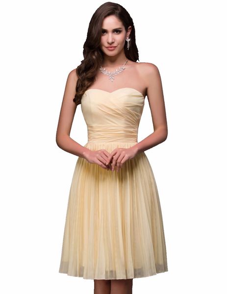 

2019 Newest Chiffon Ruched Homecoming Dress Sexy Yellow Empire Bandge Short Dresses Banquet Elegant Knee Length Party Prom Dresses Cheap