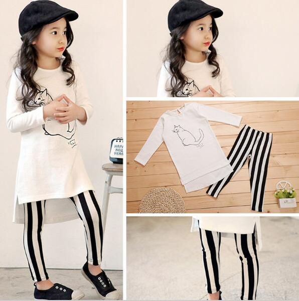 

kids summer clothes long sleeve leggings 2016 cat print striped fashion girl clothing set in stock, White