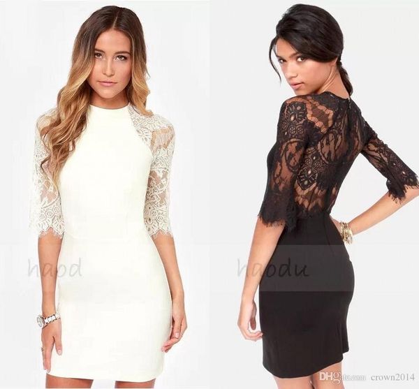 

sheath high neckl short cocktail dresses zipper back lace party dresses half sleeve prom formal evening dresses in stock, Black