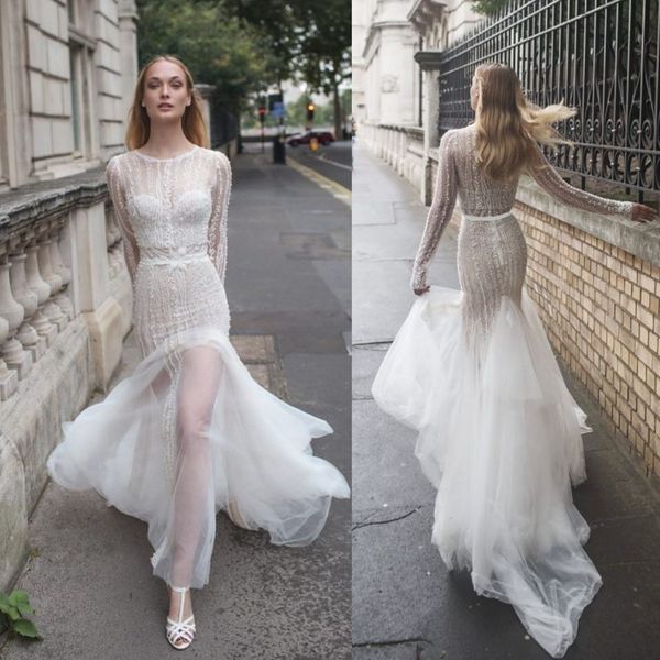 Acheter Riki Dalal 2019 Robes De Mariée Sirène Dos Nu Avec Veste à Manches Longues De Luxe Cristal Dentelle Robes De Mariée Balayage Train Robe De