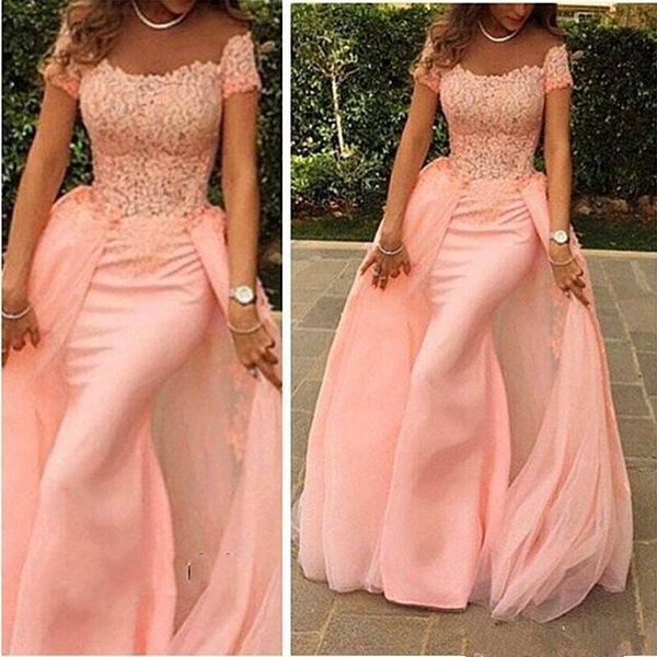 

2019 Newest Scoop Neck Evening Dress Pink Off the Shoulder Prom Gown Floor-Length Short Sleeve Mermaid Long Prom Dress Robe de soiree