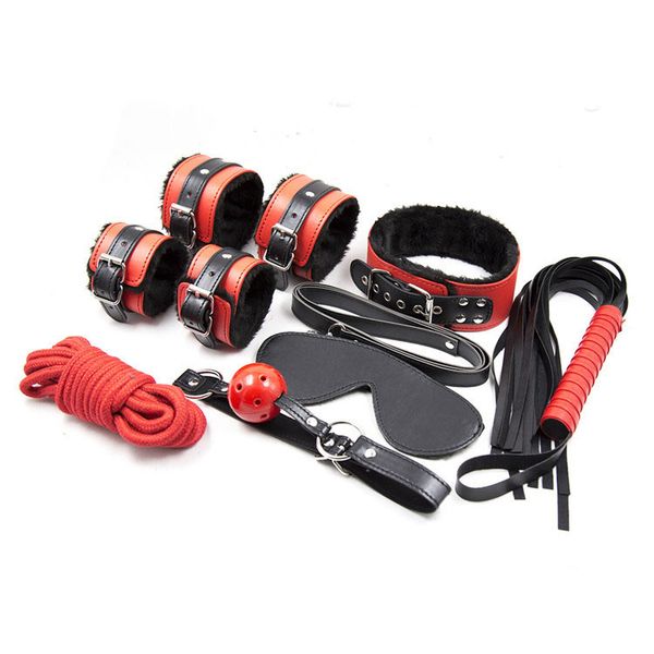 BDSM Bondage Restraints Bondage Harness giochi per adulti in pelle 7 pezzi / set, polsini frusta corda maschera bocca bavaglio collare schiavo giocattoli del sesso per coppie