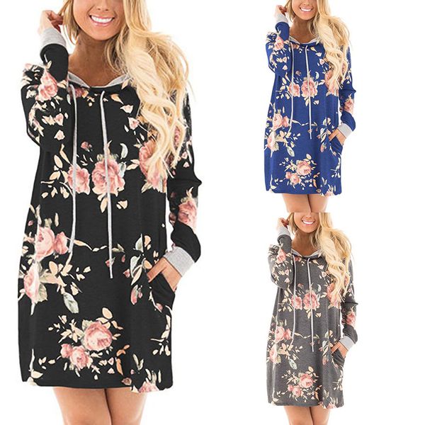 

2017 autumn winter fashion womens hoodies ladies long sleeve hooded ladies floral printed dress 3 colors 4 size, Black