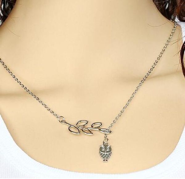 

double layer pendant cute owl and leaf designer necklace lobster clasp choker summer jewelry chain necklace dhl, Silver