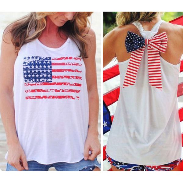 Atacado-novo verão sexy mulheres sem mangas tops americano bandeira da American Impressão de impressão Listras Bow-nó de tanque para mulher blusa colete camisa o pescoço y3