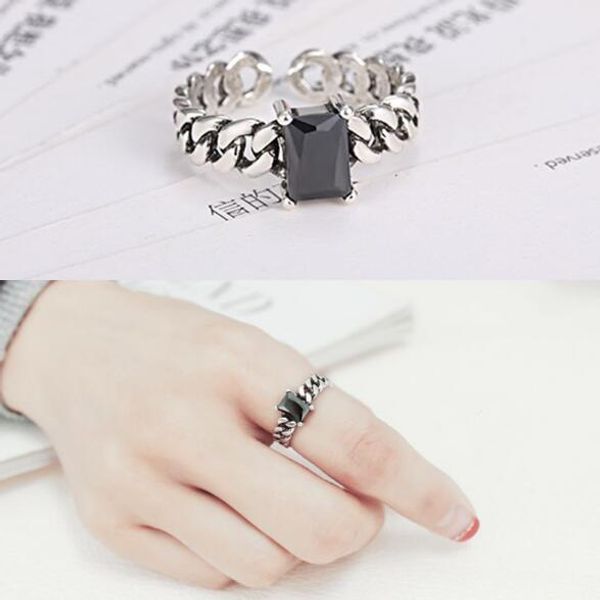 

vintage 925 silver plated chain square black agate zircon open rings fashion anti-silver finger ring for women girl jewelry jz086