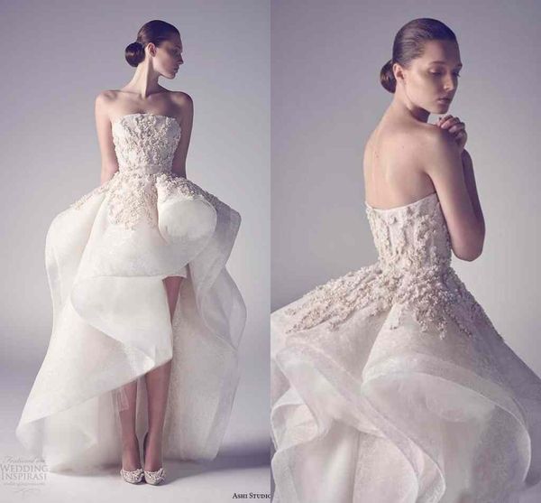 

2019 горячие krikor jabotian высокие низкие свадебные платья сексуальная аппликация без бретелек органзы на заказ формальные свадебные плать, White