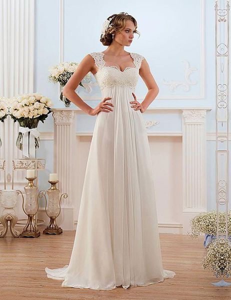 

2019 Newest Lace A-Line Wedding Dresses Lace Up Cap Sleeve Sweep Train Lace-up Back Chiffon Bridal dress Custom Made Vestido de noiva