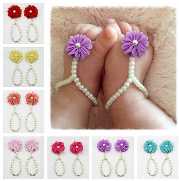 

2016 newborn baby girls flower sandals pearl flower foot band toe rings first walker barefoot sandals anklets kids accessories