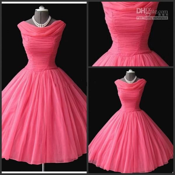 

real sample 1950's vintage bateau bridesmaid dresses tea-length puffy ball gown water melon chiffon short prom dresses evening gowns, White;pink