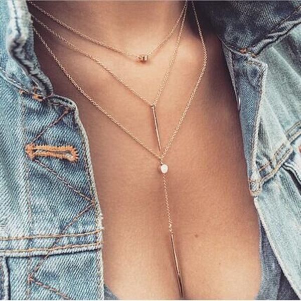 

wholesale- fashion geometry charms crystal 3 layers gold sliver color pick chain necklace women jewelry x79, Silver