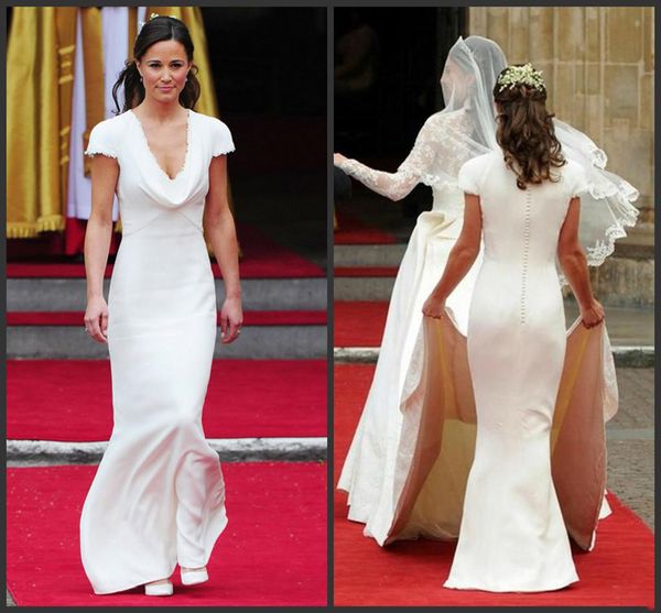 

famous pippa middleton bridesmaid dresses with draped deep v-neck and stunning short sleeve mermaid covered button dress evening gowns, White;pink