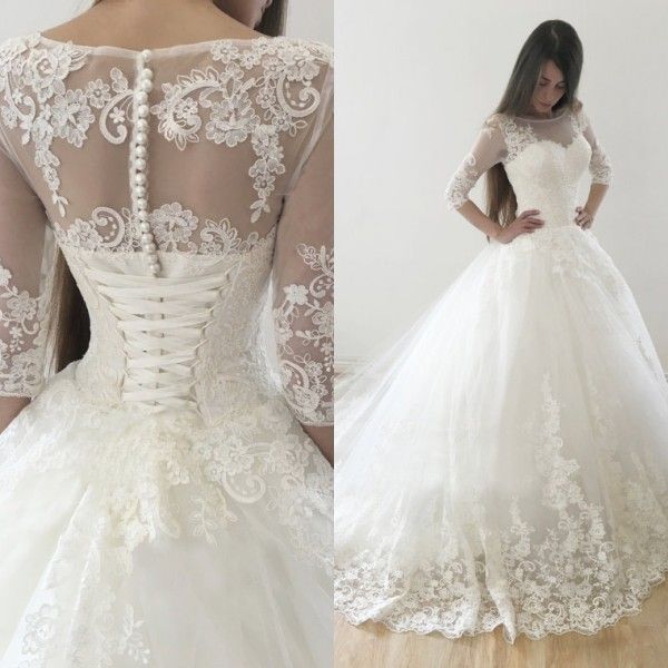 

luxury puffy a line ball gown wedding dress with sleeves illusion bateau neckline lace appliques zipper pearls button corset bridal gowns, White