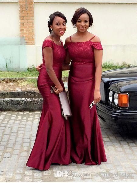 

african arabic burgundy mermaid bridesmaid dresses 2020 off the shoulder lace satin maid of honor gowns wedding guest party wear ba7315, White;pink