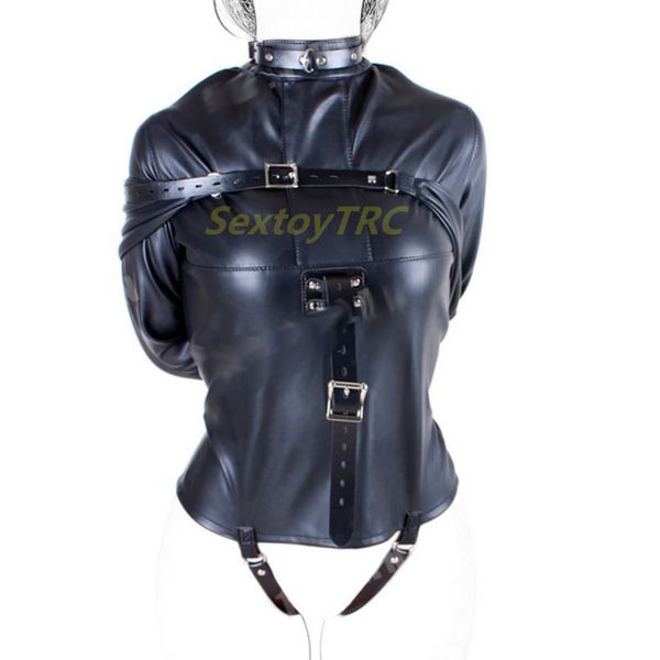 

new design bondage suit leather full body bdsm fetish toy case strap harness black color halter binder restraint ing