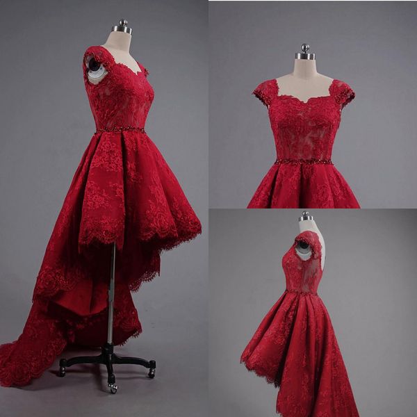

high low appliqued lace prom dresses square neckline cap sleeve evening gowns custom made prom dress, Black