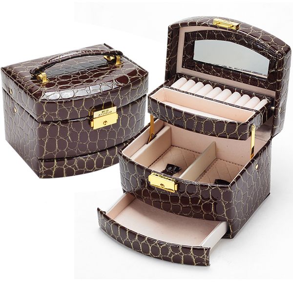 

wholesale- leather jewelry box 3 layers ring necklace bracelet earring lady gift holding automatic wood storage 6 color ing