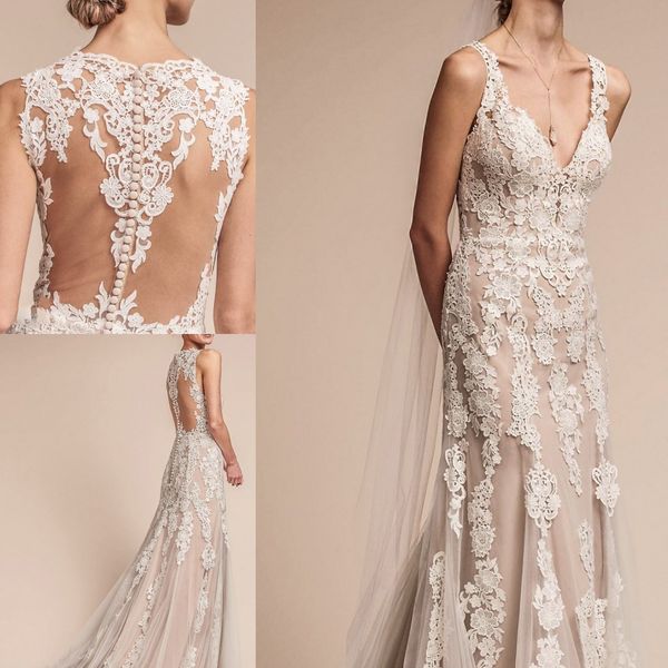 

bhldn mermaid wedding dresses plus size full lace appliques v neck bridal gowns bo ho back country wedding dress, White