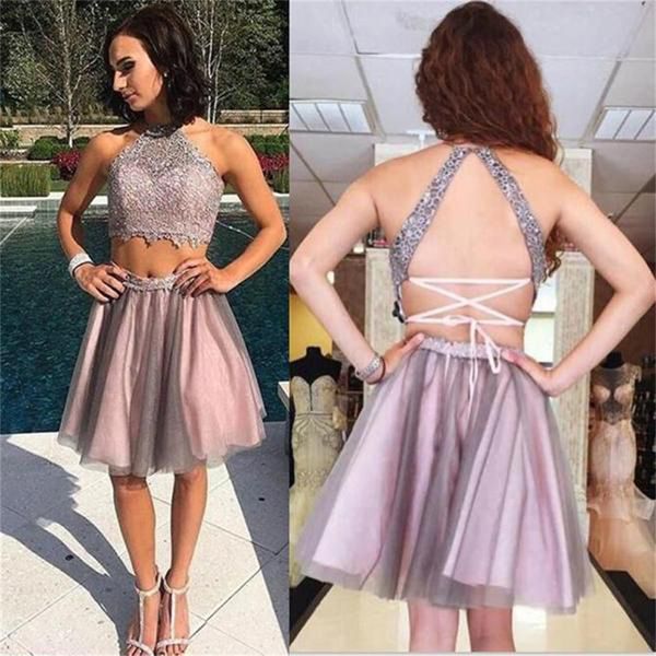 

two pieces halter backless short homecoming dress appliques lace beaded sleeveless graduation dress mini prom dress, Blue;pink