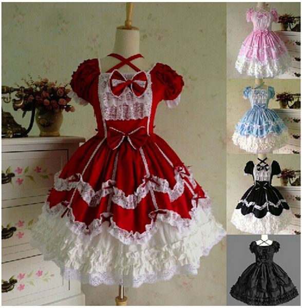

llt050) lolita short sleeveless princess cosplay costume for girl lolita dress vintage medieval gothic dress women summer dress, Black;red
