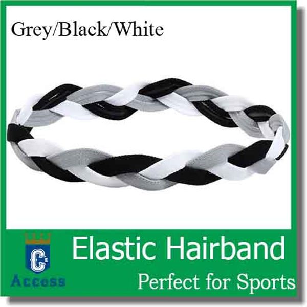 

gray black white team color triple braided sports headband with no slip grip for running soccer softball basketball yoga for girls women, Silver