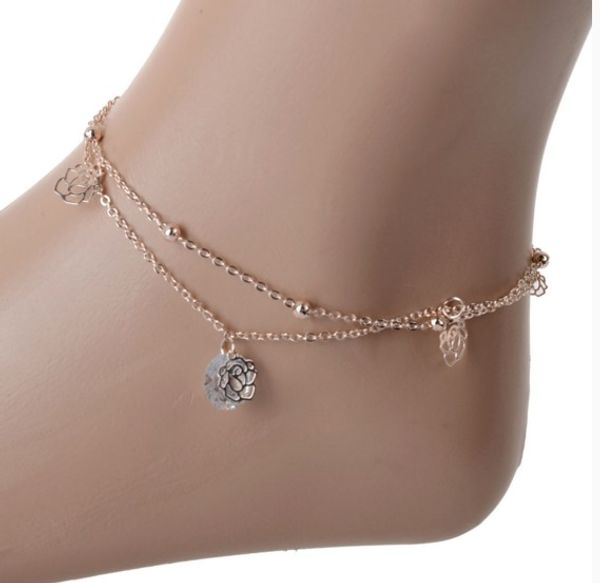 

women ankle chain gold tone cut out rose rhinestone ankle bracelets anklets barefoot sandals womens jewelry, Red;blue