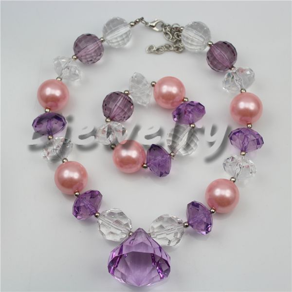 

fashion jewelry purple waterdrop pendant pink pearl&acrylic beads chunky bubblegum necklace&bracelet set cb743, Silver