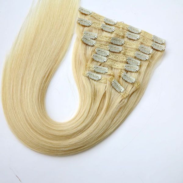 

120g 10pcs/1set clip in hair extensions brazilian human hair  22inch #613/bleach blonde indian straight hair extensions, Black;brown