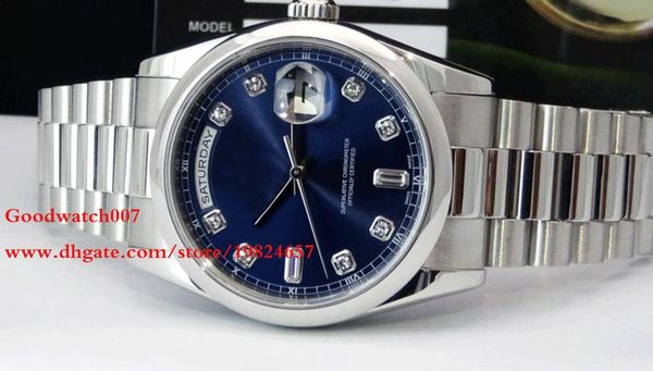 

mens original box papers watches luxury 36mm platinum daydate president blue diamond 118206 automatic men's stainless steel watches exc, Slivery;brown