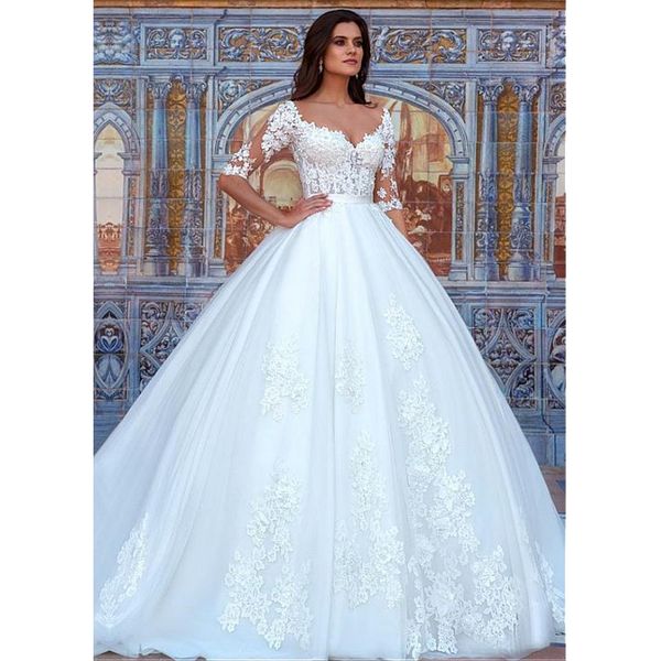 

lace ball gown wedding dresses 3d-floral appliques sweetheart half sleeve vestido de noiva bridal gowns, White