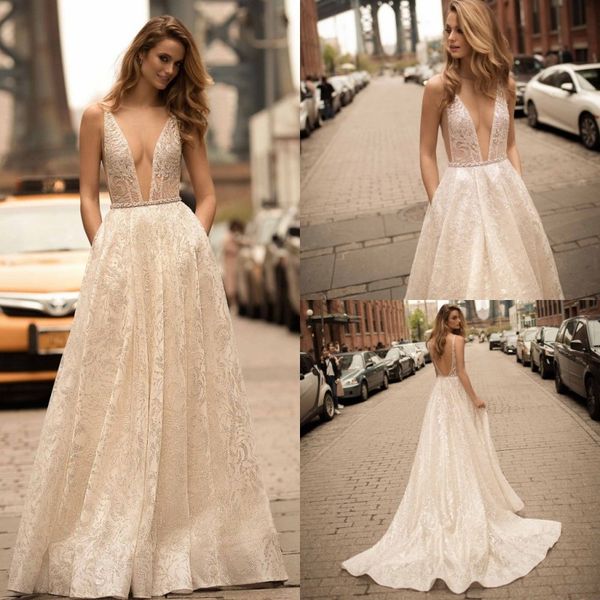 

свадебные платья больших размеров berta sexy с глубоким v-образным вырезом свадебные платья кружева a line свадебные платья sweep train, White