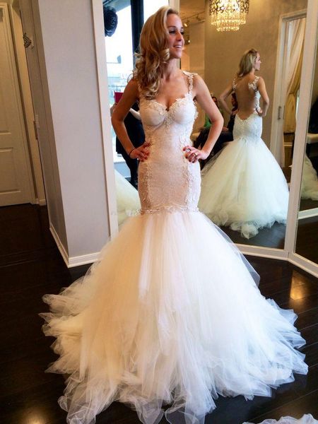 

robe de mariage русалка старинные кружевные свадебные платья милая спагетти sexy back ivory court train свадебные платья с аппликациями, White